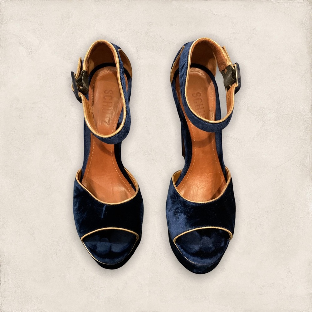 Schutz Velvet Heels (Aqua/Gold)